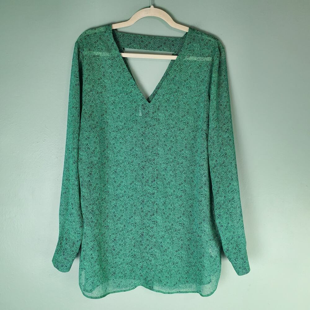 CAbi Womens Bountiful Blouse V-Neck Top Sheer #5208 Green Vine Floral Print XL